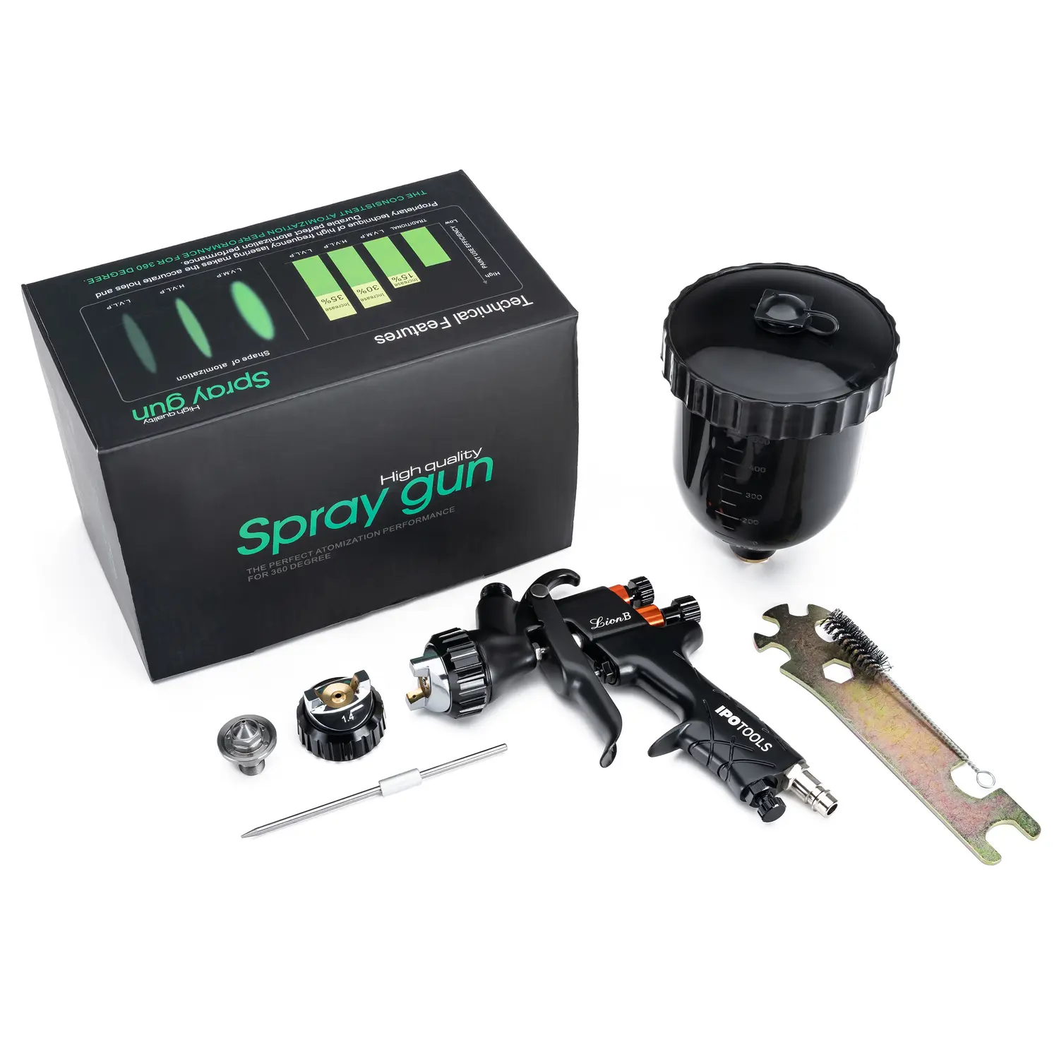 Lakirna pištola LION B HVLP 1.7mm in dodatno šobo 1.4mm s pripadajočo opremo